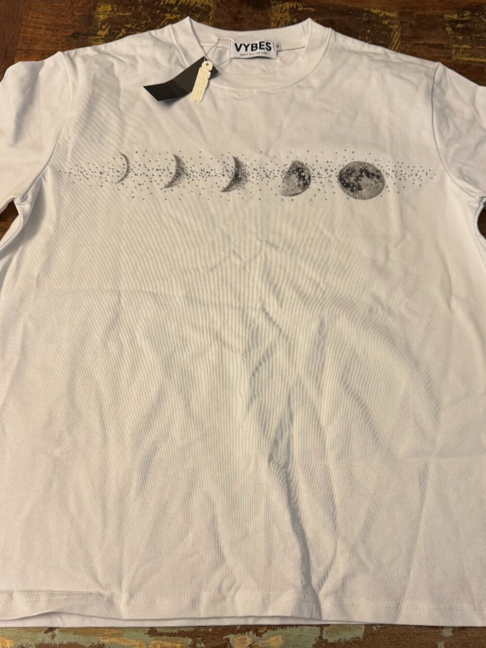VYBES Moon Rhinestone Tee White Heavyweight Cotton Streetwear Unisex Medium NWT